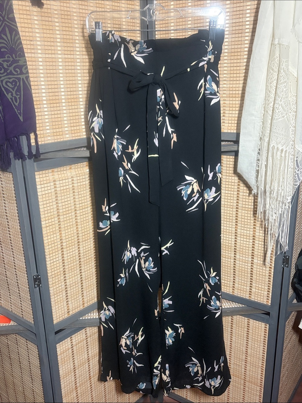 a new day Black Floral Wide-Leg Pants with Paper Bag Waist